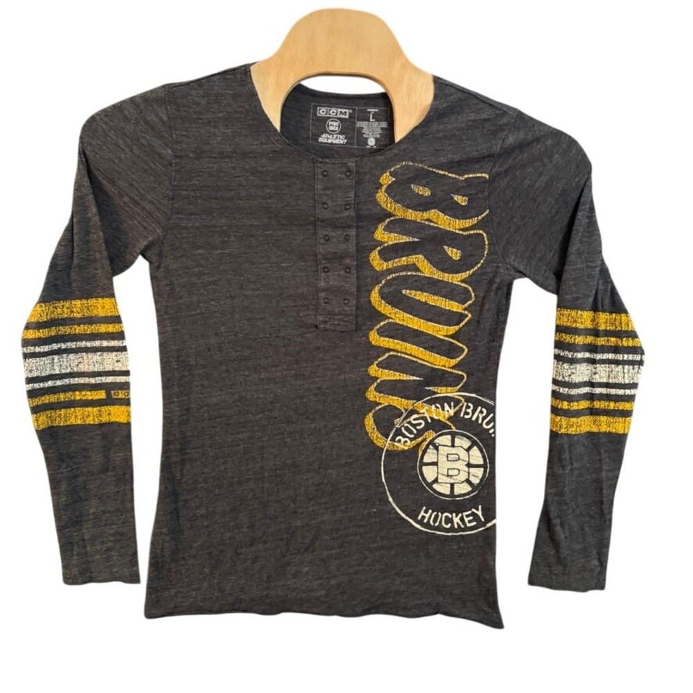 CCM Boston Bruins NHL Womens Henley Long Sleeve Shirt Charcoal Gray Large